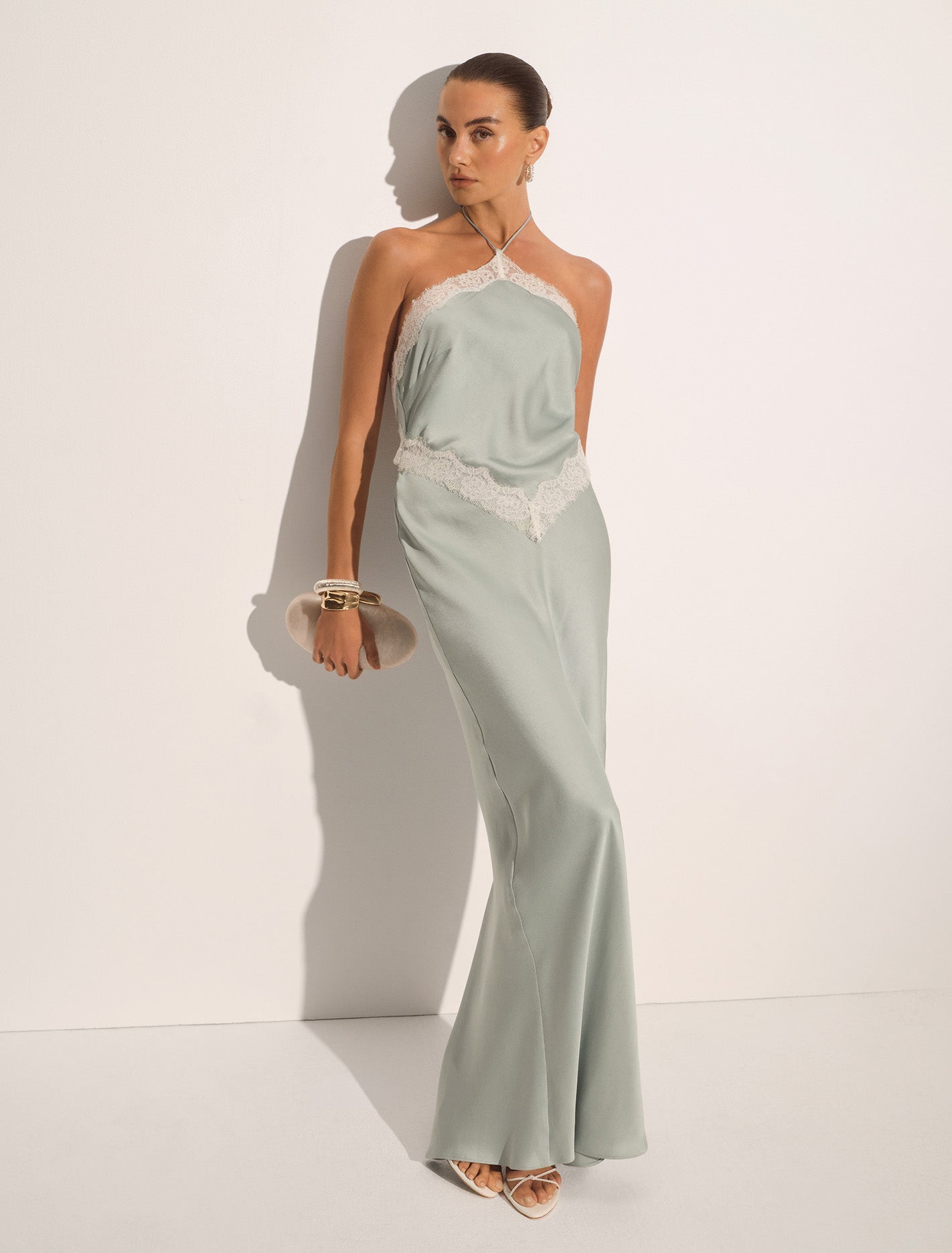 Kelli Lace Strappy Satin Maxi Dress Soft Blue
