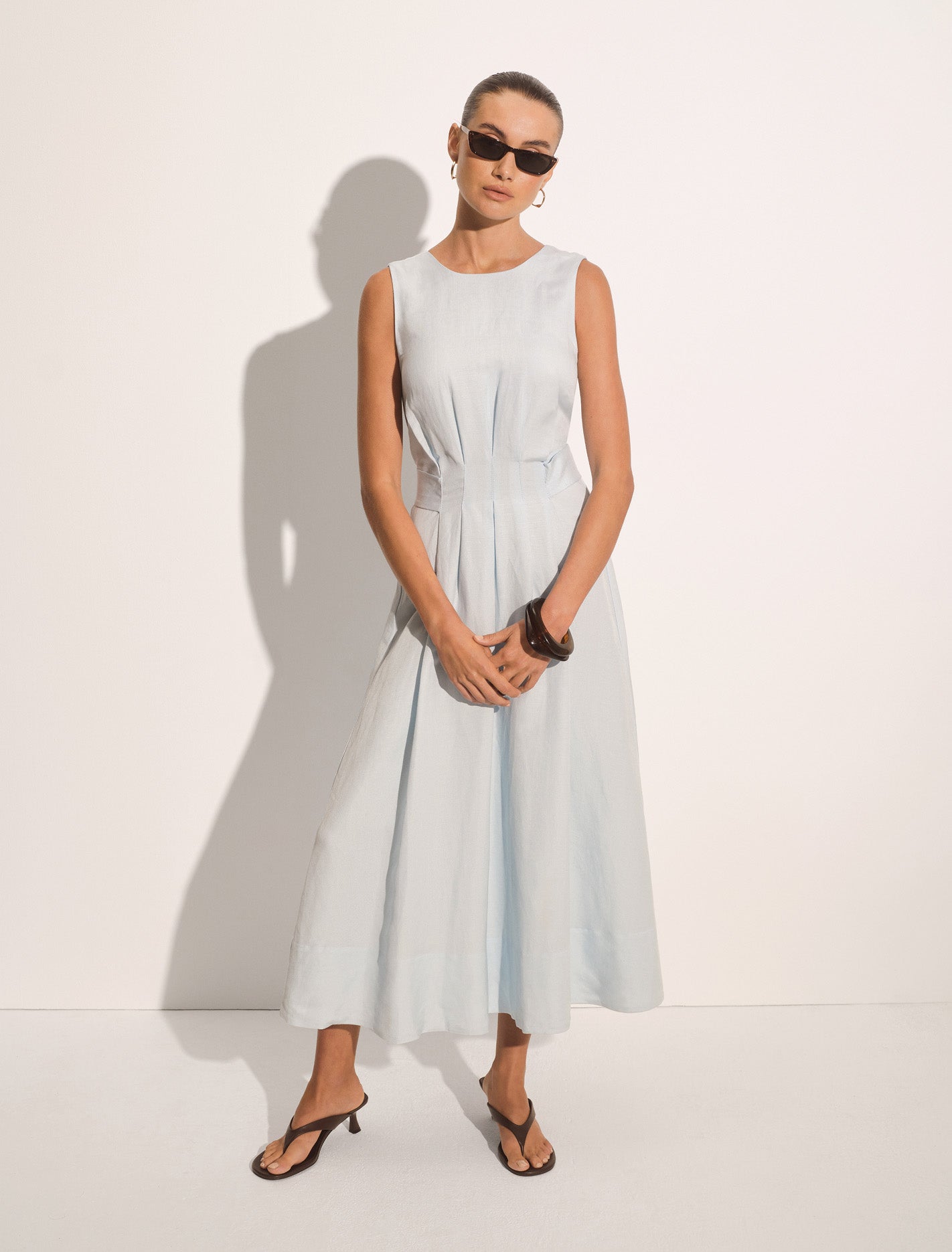 Rosie Linen Sleeveless Tuck Midi Dress Cooling Spray