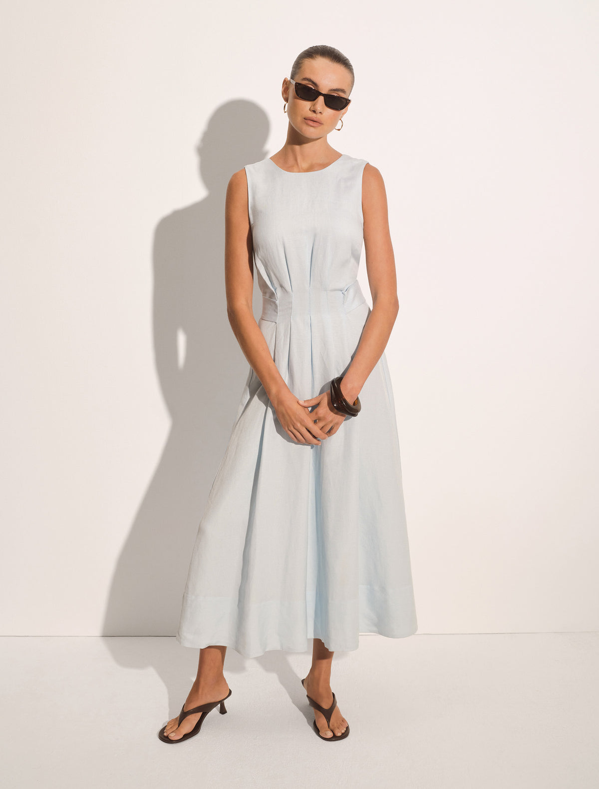 Rosie Linen Sleeveless Tuck Midi Dress Cooling Spray