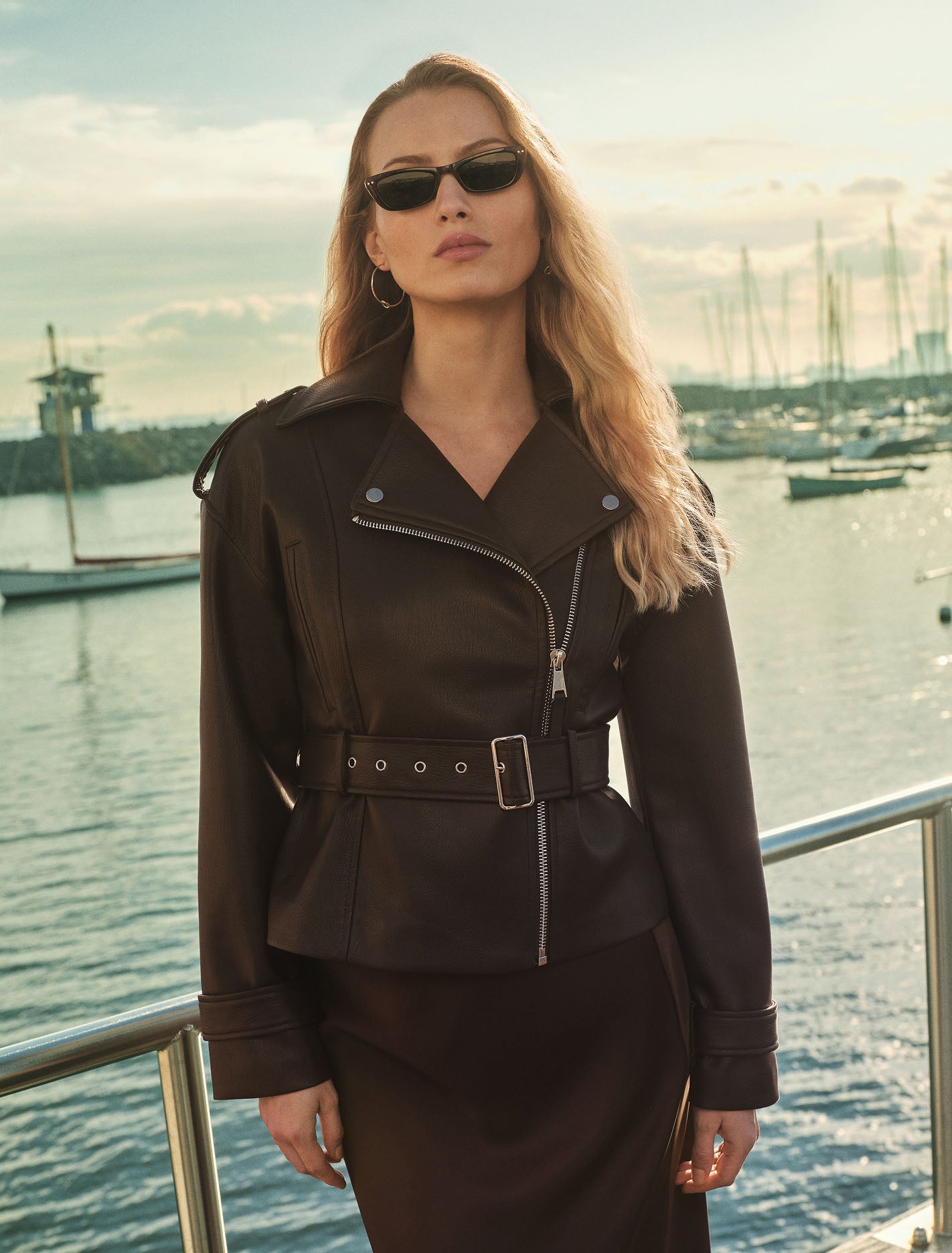 Brooklyn PU Belted Biker Jacket Chocolate