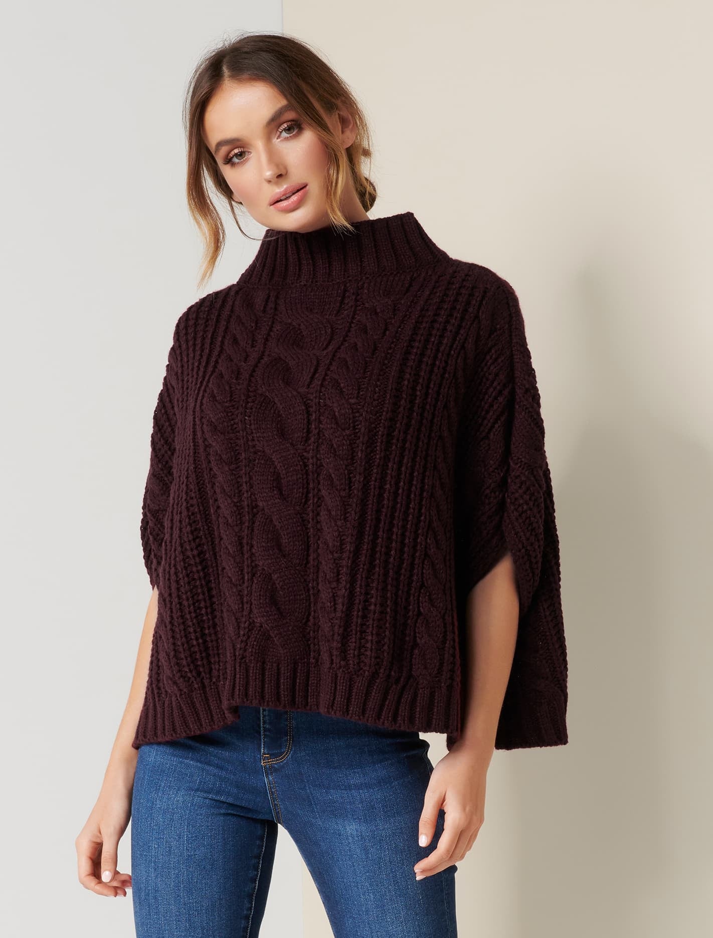 Ever New Thea Cable Button Poncho - Berry