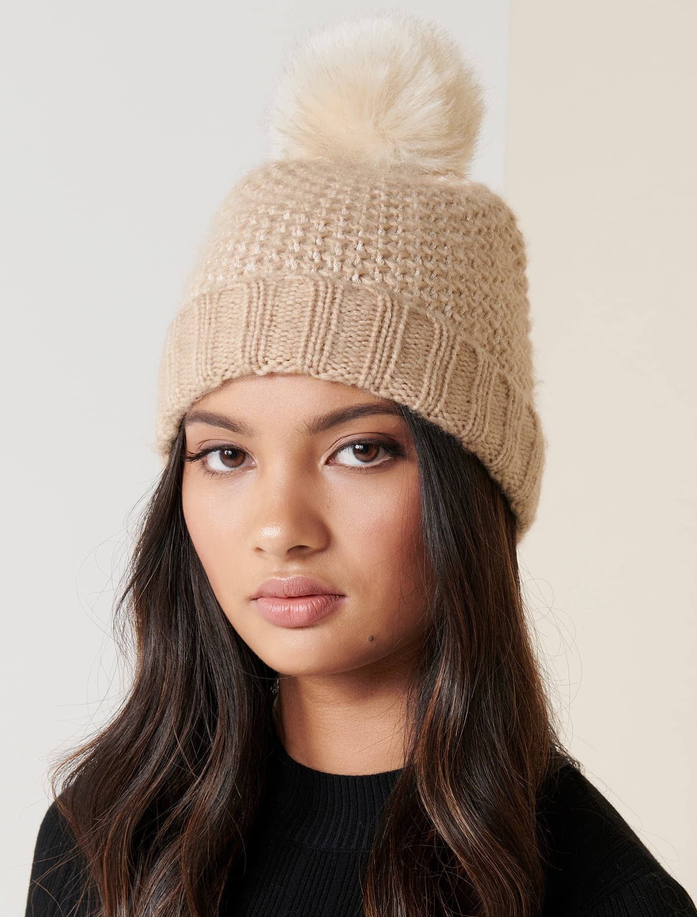 Ever New Mina Metallic Yarn Pom Beanie - Camel