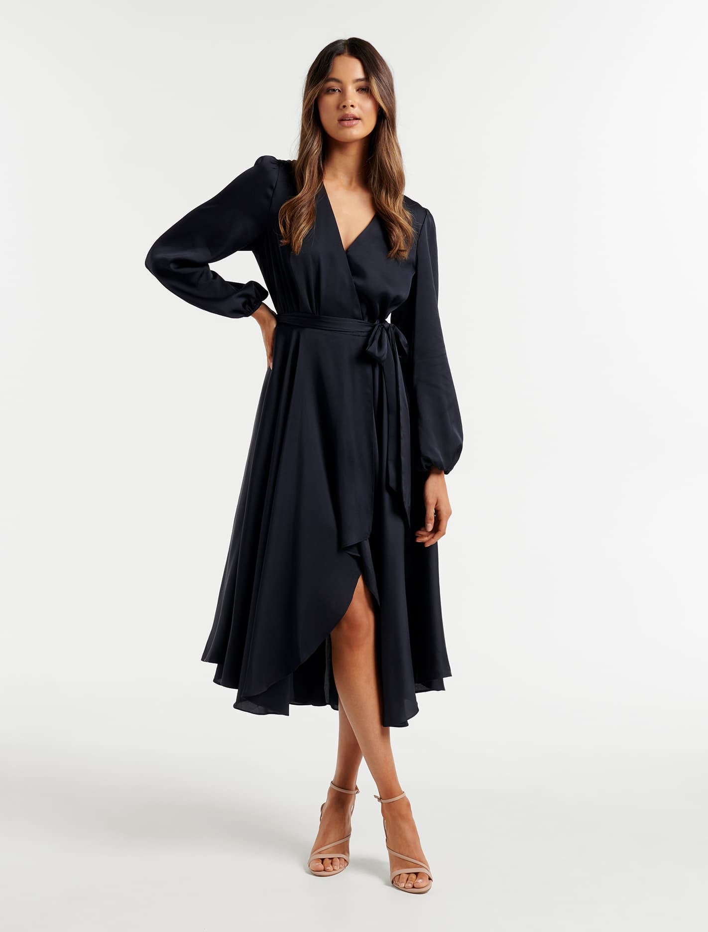 Ever New Marilyn Petite Satin Wrap Midi Dress - Navy