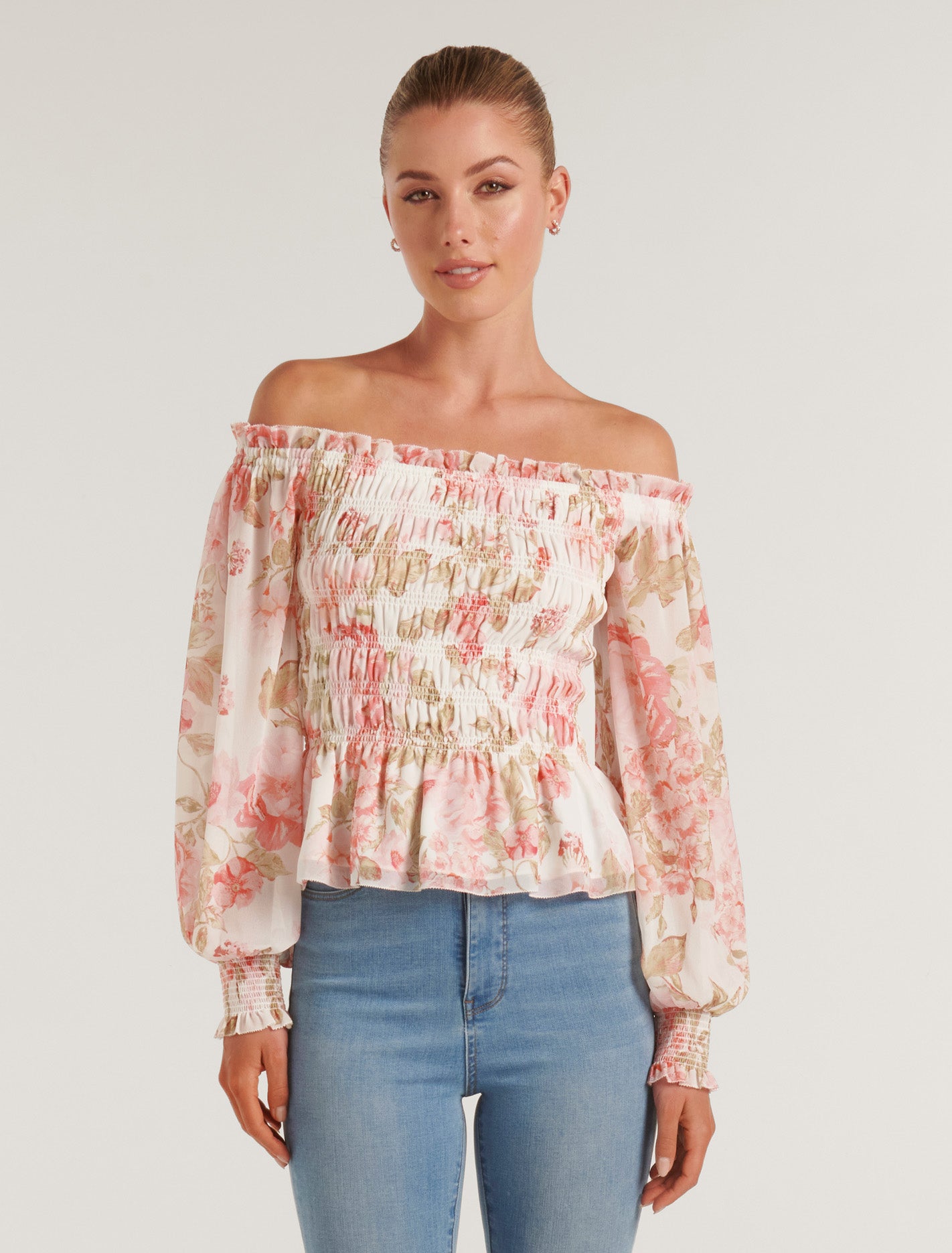 Ever New Lisa Shirred Off-Shoulder Blouse - Blush Salisbury Floral