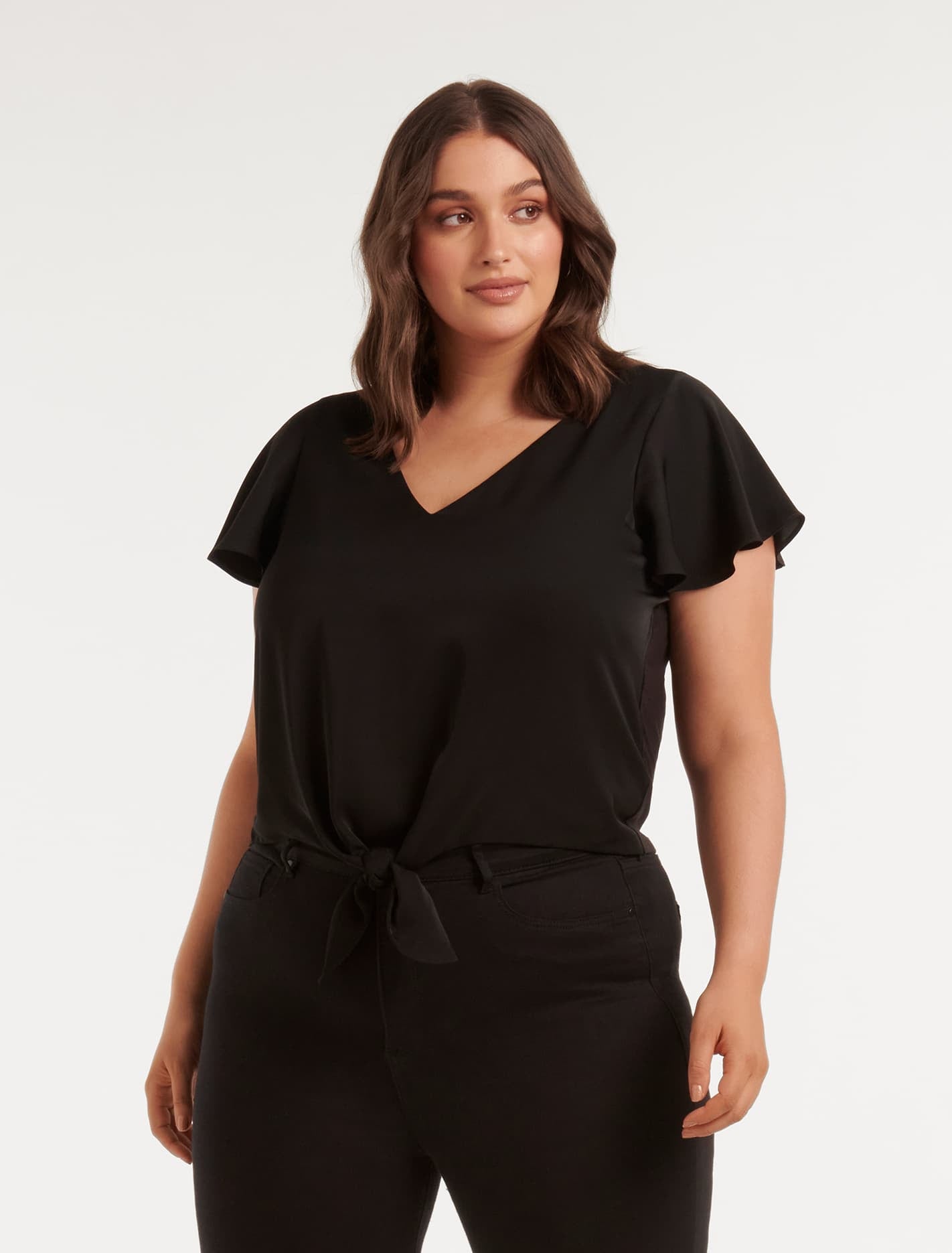 Ever New Hayley Curve Flutter-Sleeve Tie Top - Black