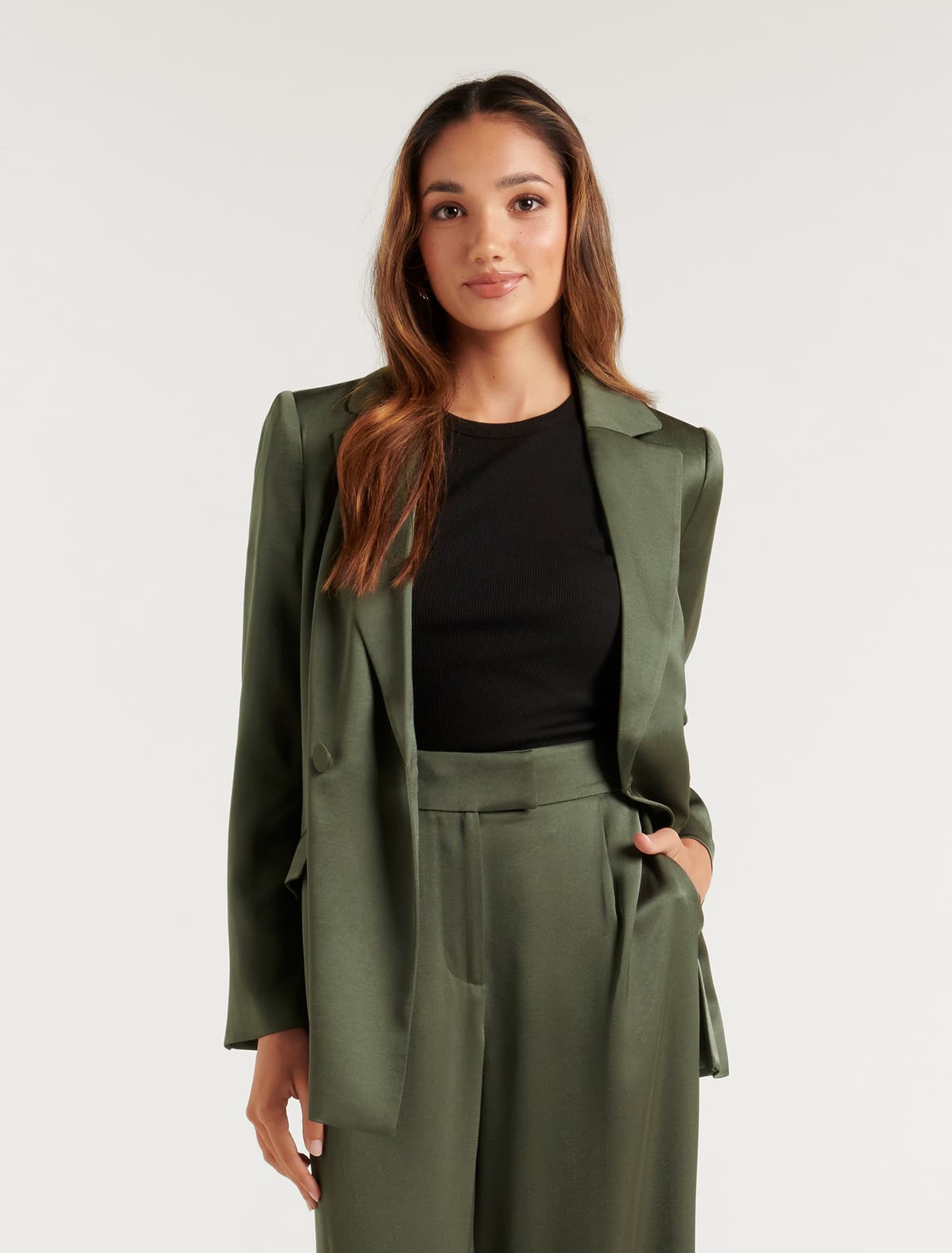 Ever New Alora Petite Satin Tie Blazer - Slate Green Suit