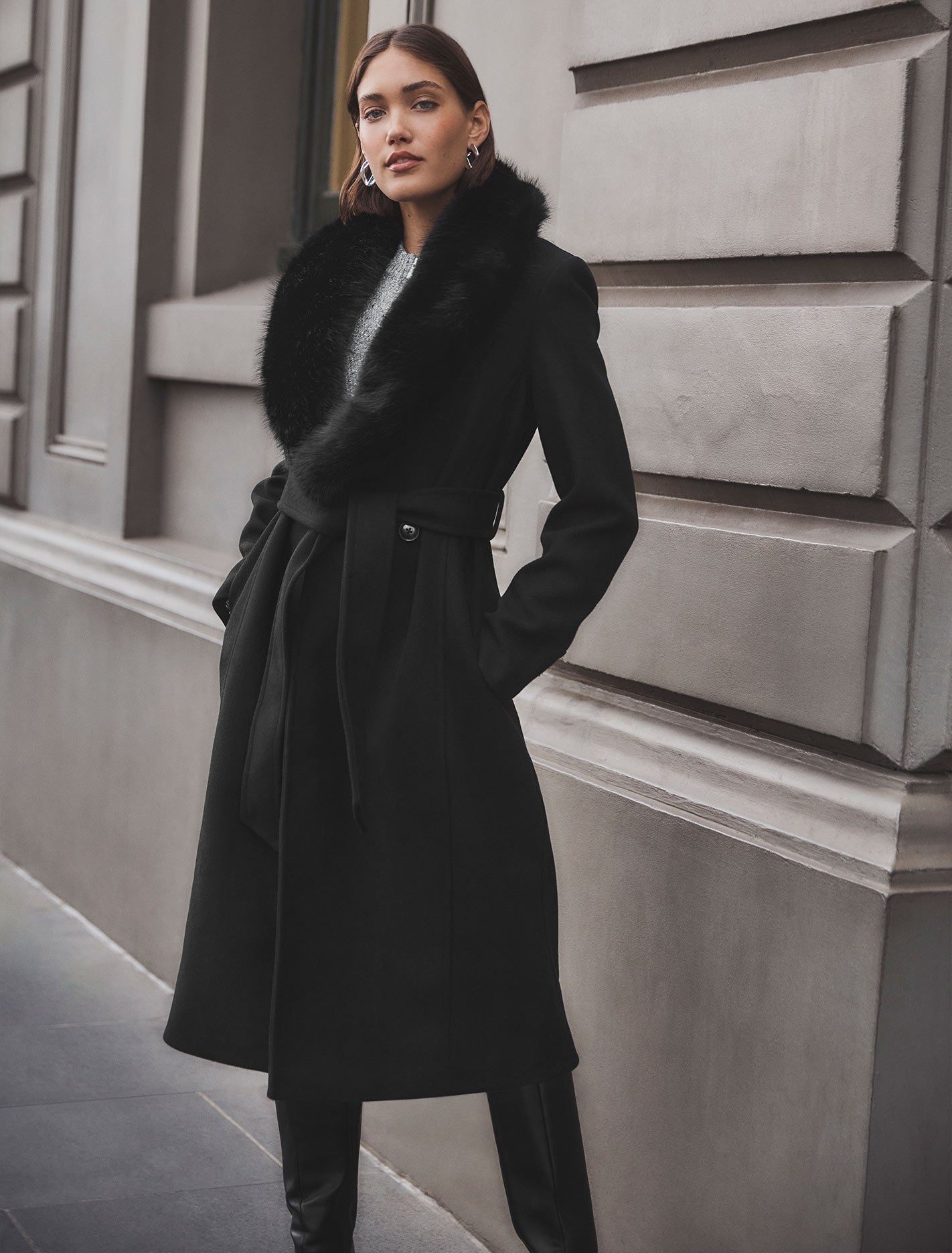 Monica Faux-Fur Collar Wrap Coat