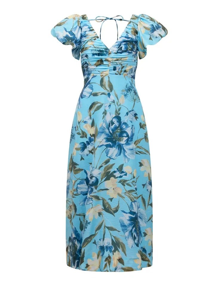June - Robe midi à col en V froncé