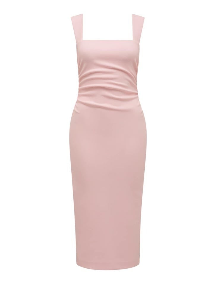 Reina Petite Ruched Bodycon Midi Dress | Pink Dress | Event Dress | Cocktail Dress 