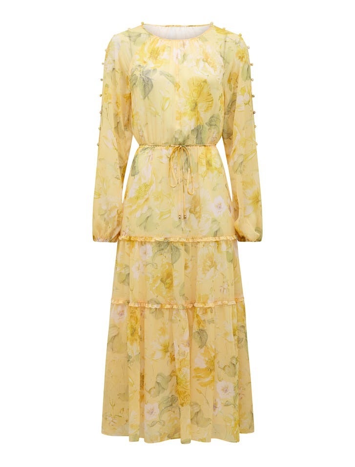 Wendy Waist Tie Midi | Yellow Dress | Long Sleeve Dress | Event Dress 