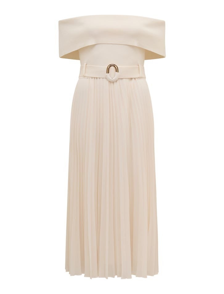 Capri Bardot Pleat Hem Midi Dress | White Dress | Occasion Dress